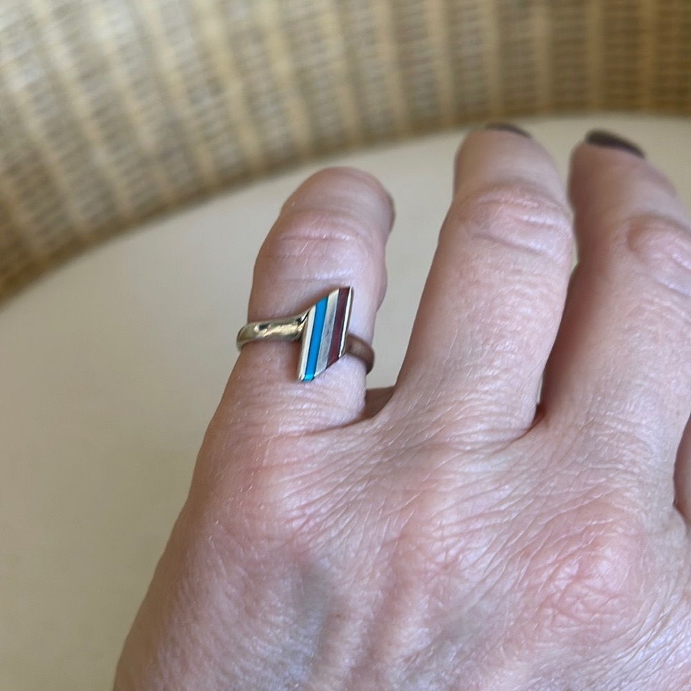 Beautiful Vintage 925 Sterling Silver Turquoise & Coral Striped Ring Size 5.5